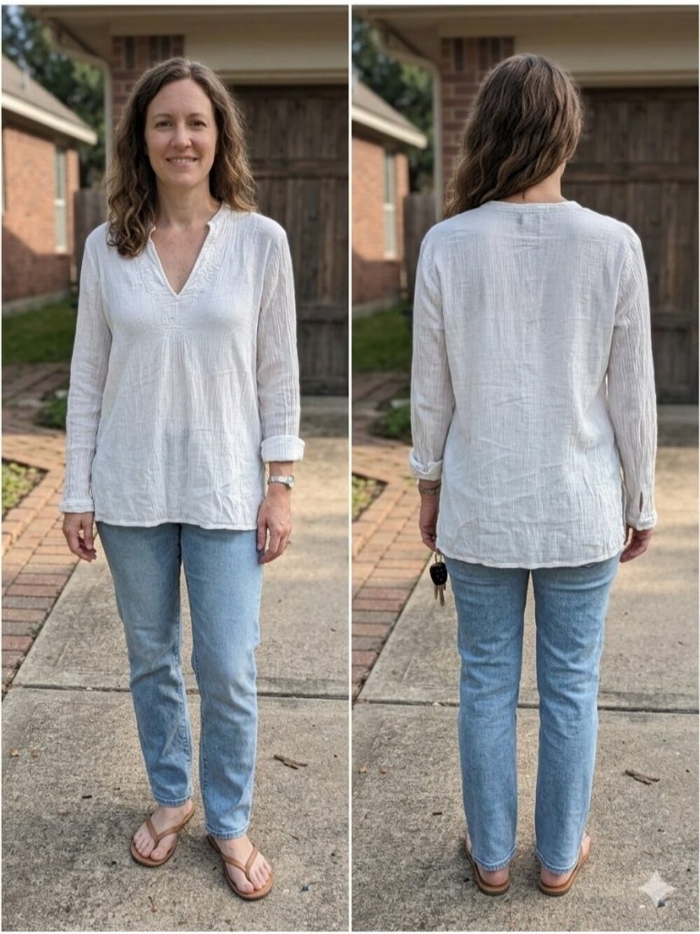 Eddie Bauer XL White Cotton Crinkle Gauze Embroidered V-Neck Boho Tunic Popover
